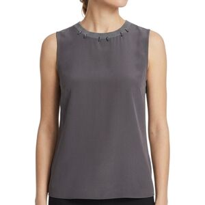 ​St. John Charcoal Gray Silk Sleeveless Top Silver Ring Hardware Neck Size S